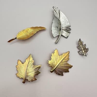 Vintage 80s 90s Leaf Brooch Pin Set Gold & Silver Tone Clear Glass Maple Fall - Thumbnail 2