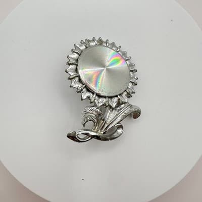 Vintage 90s Silver Tone Sunflower Brooch Pin Iridescent Women's Classic Jewelry - Thumbnail 2