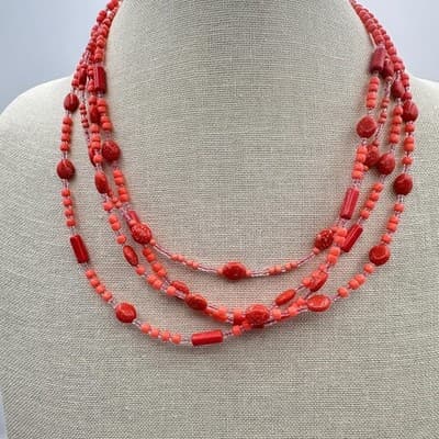 Vintage 70s Vibrant Red Coral Strands Statement Necklace Boohoo Beach Jewelry - Thumbnail 6