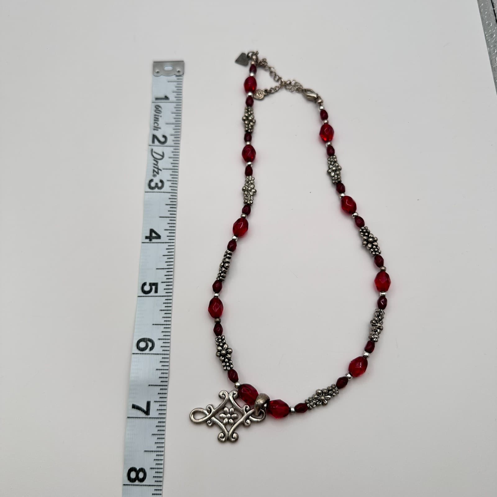 Vintage 90s Y2K Red Beaded Cross Necklace Silver Tone Gothic Floral Pendant - Thumbnail 10