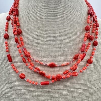 Vintage 70s Vibrant Red Coral Strands Statement Necklace Boohoo Beach Jewelry - Thumbnail 2