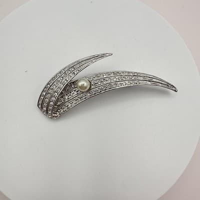 Vintage 80s Silver Tone Faux Pearl Glass Rhinestone Spray Brooch Pin Art Deco - Thumbnail 2