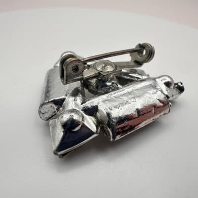 Vintage 80s Silver Tone Clear Rhinestone Geometric Triangle Brooch Pin Art Deco - Thumbnail 6