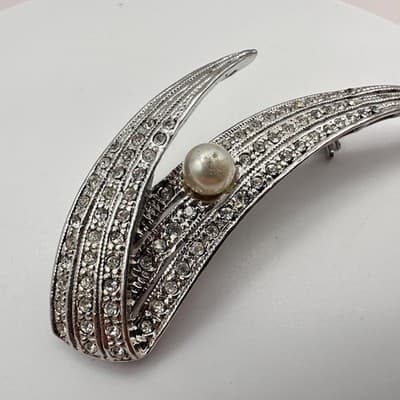 Vintage 80s Silver Tone Faux Pearl Glass Rhinestone Spray Brooch Pin Art Deco - Thumbnail 5