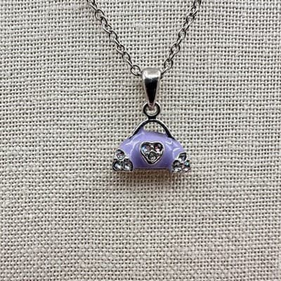 Vintage Y2K Purple Enamel Rhinestone Purse Pendant Necklace Silver Tone Jewelry - Thumbnail 3