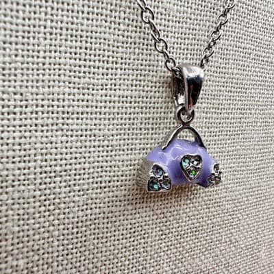 Vintage Y2K Purple Enamel Rhinestone Purse Pendant Necklace Silver Tone Jewelry - Thumbnail 5
