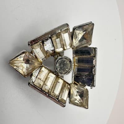 Vintage 80s Silver Tone Clear Rhinestone Geometric Triangle Brooch Pin Art Deco - Thumbnail 4
