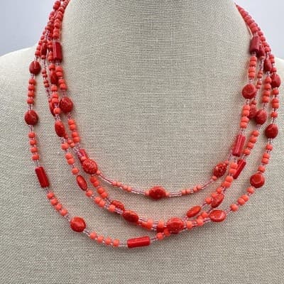 Vintage 70s Vibrant Red Coral Strands Statement Necklace Boohoo Beach Jewelry - Thumbnail 11