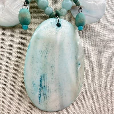 Vintage 90s Boohoo Mother Pearl & Teal Bead Statement Necklace Artisan jewelry - Thumbnail 6