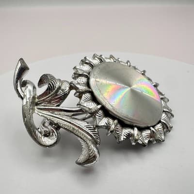 Vintage 90s Silver Tone Sunflower Brooch Pin Iridescent Women's Classic Jewelry - Thumbnail 5