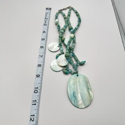 Vintage 90s Boohoo Mother Pearl & Teal Bead Statement Necklace Artisan jewelry - Thumbnail 9