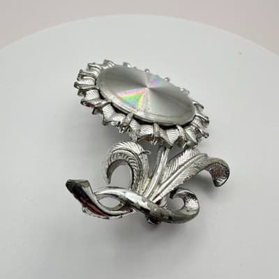 Vintage 90s Silver Tone Sunflower Brooch Pin Iridescent Women's Classic Jewelry - Thumbnail 4