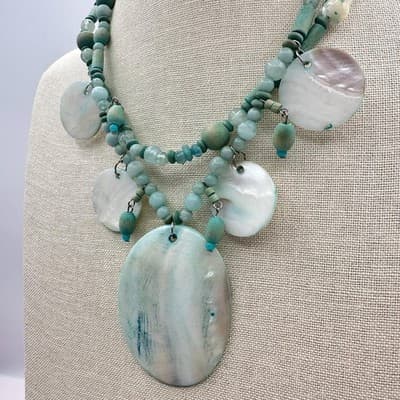 Vintage 90s Boohoo Mother Pearl & Teal Bead Statement Necklace Artisan jewelry - Thumbnail 7