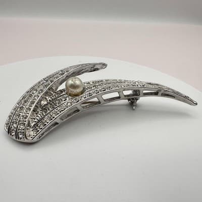 Vintage 80s Silver Tone Faux Pearl Glass Rhinestone Spray Brooch Pin Art Deco - Thumbnail 3