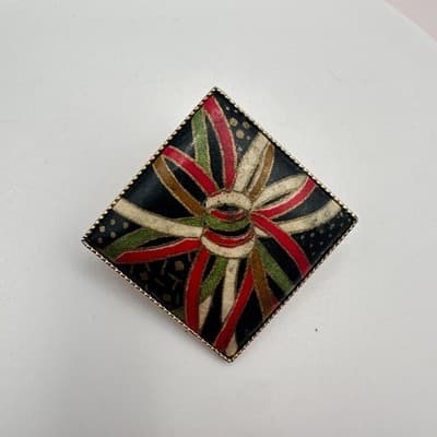 Vintage 90s Enamel Abstract Art Gold Tone Square Brooch Pendant Fashion Jewelry - Thumbnail 3