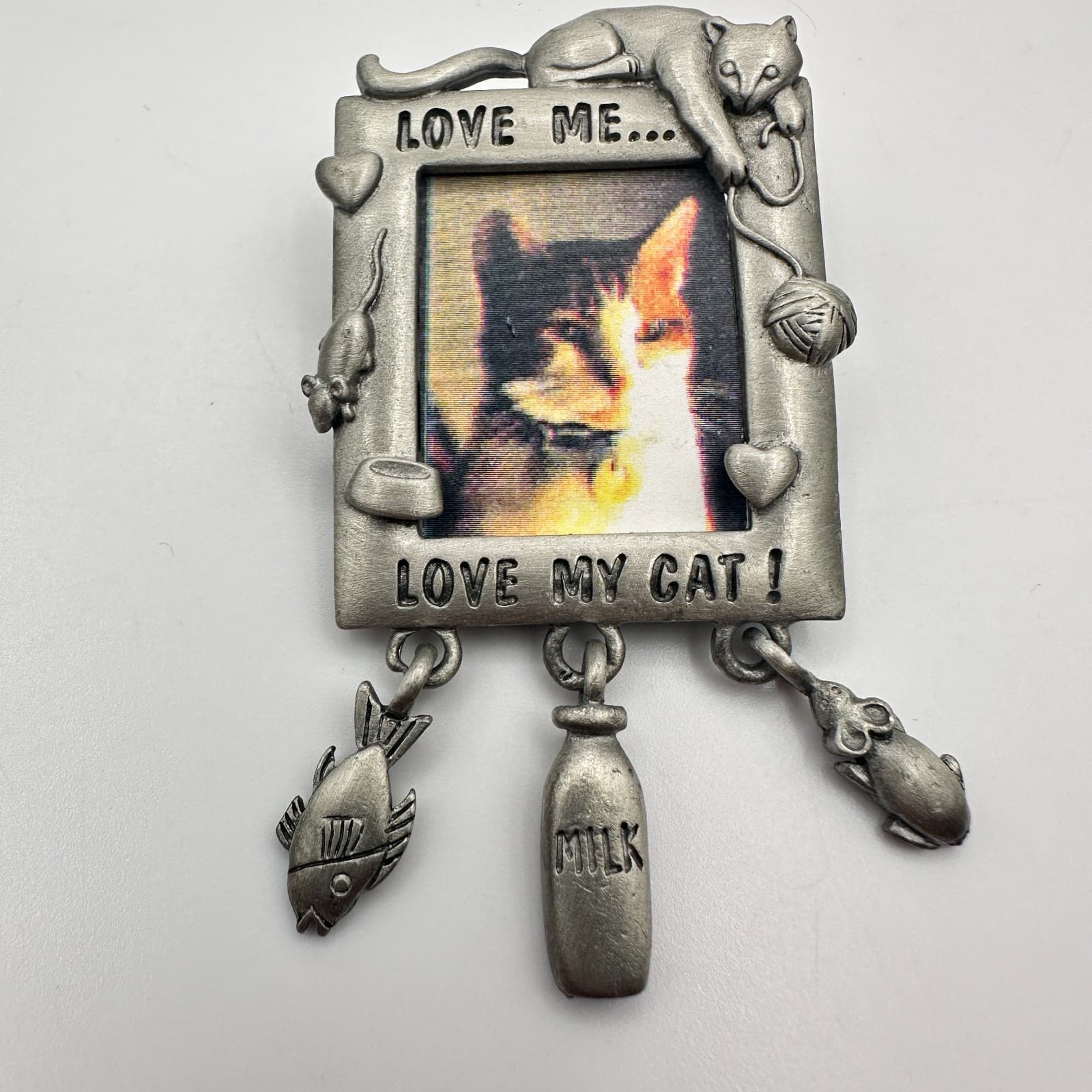 Vintage 90s JJ Cat Photo Frame Brooch Pewter Tone Love My Cat Dangle Pin Jewelry - Thumbnail 3