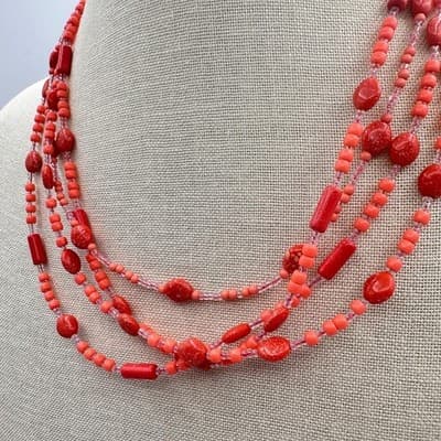Vintage 70s Vibrant Red Coral Strands Statement Necklace Boohoo Beach Jewelry - Thumbnail 7
