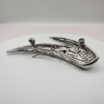 Vintage 80s Silver Tone Faux Pearl Glass Rhinestone Spray Brooch Pin Art Deco - Thumbnail 6
