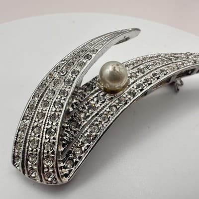 Vintage 80s Silver Tone Faux Pearl Glass Rhinestone Spray Brooch Pin Art Deco - Thumbnail 4