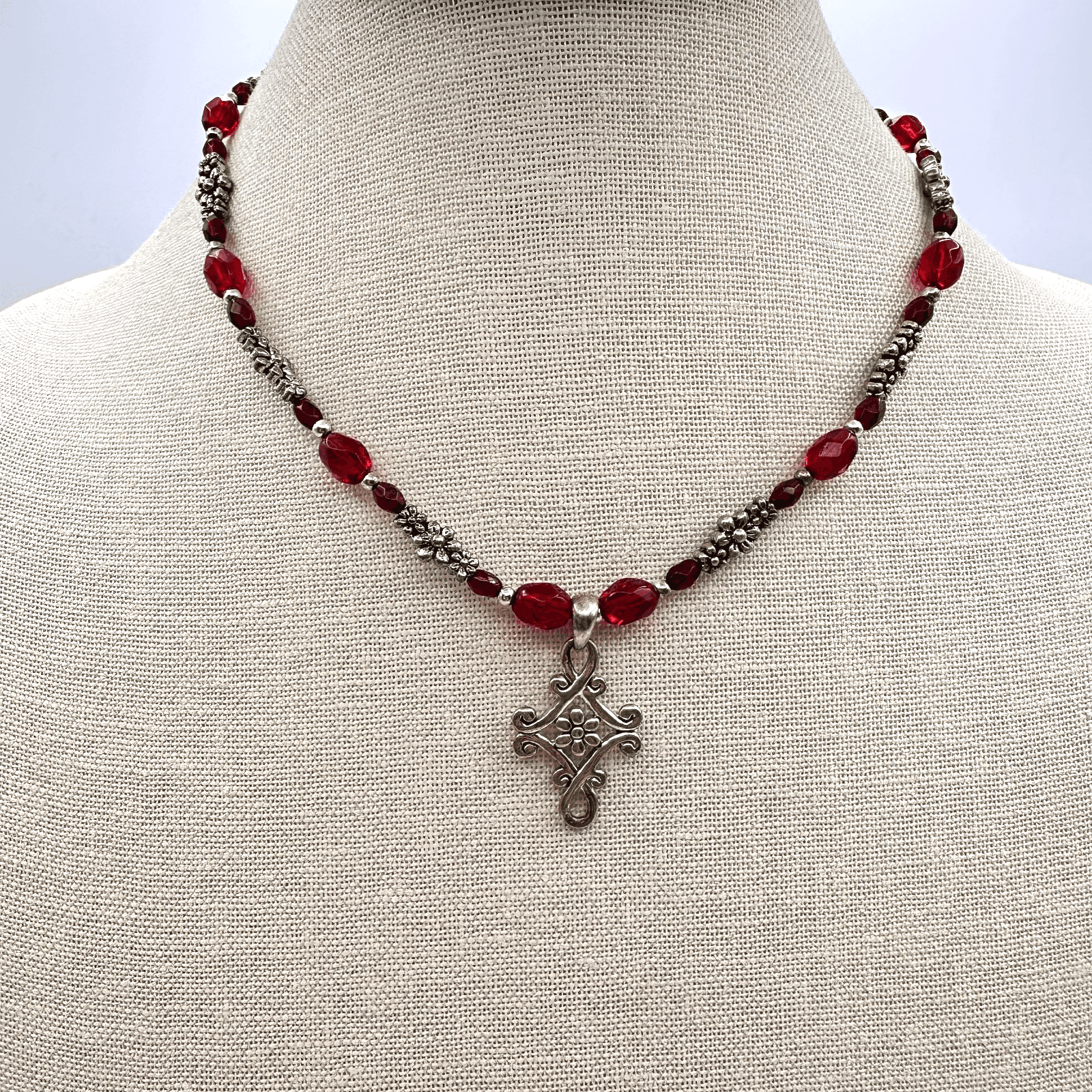 Vintage 90s Y2K Red Beaded Cross Necklace Silver Tone Gothic Floral Pendant - Thumbnail 4