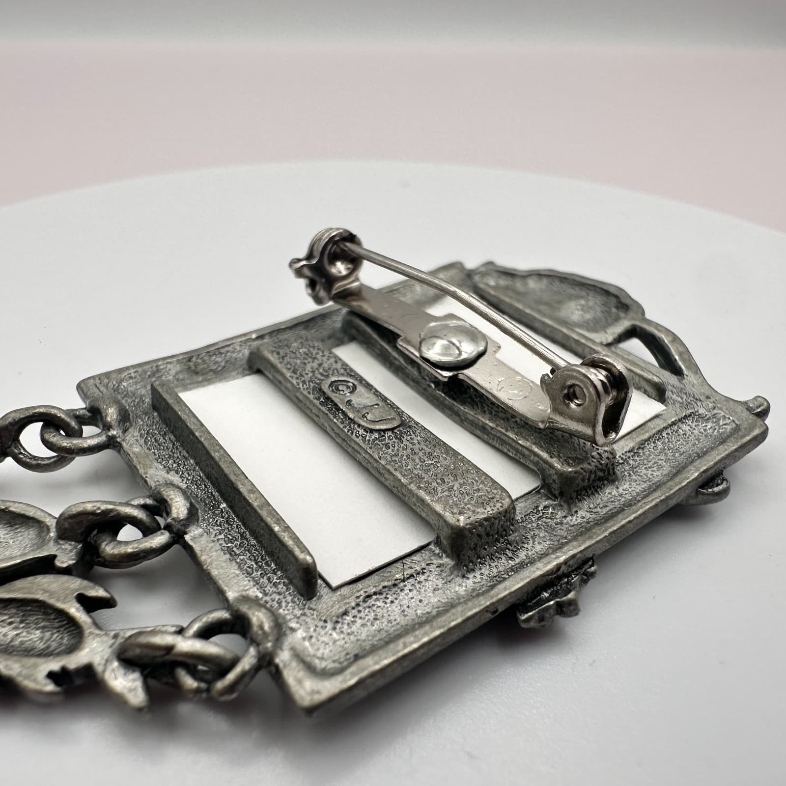 Vintage 90s JJ Cat Photo Frame Brooch Pewter Tone Love My Cat Dangle Pin Jewelry - Thumbnail 7