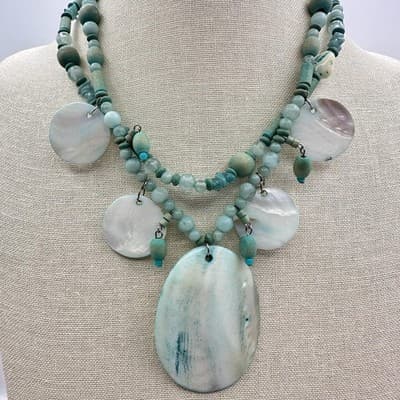 Vintage 90s Boohoo Mother Pearl & Teal Bead Statement Necklace Artisan jewelry - Thumbnail 8