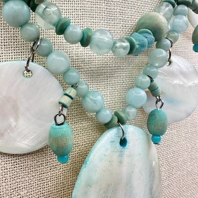 Vintage 90s Boohoo Mother Pearl & Teal Bead Statement Necklace Artisan jewelry - Thumbnail 5