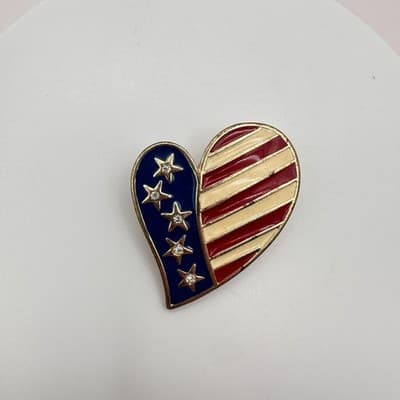 Vintage 90s American Flag Heart Shaped Enamel Lapel Pin Brooch Gold Tone Jewelry - Thumbnail 3