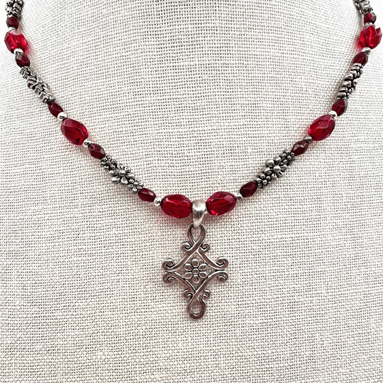 Vintage 90s Y2K Red Beaded Cross Necklace Silver Tone Gothic Floral Pendant - Thumbnail 2