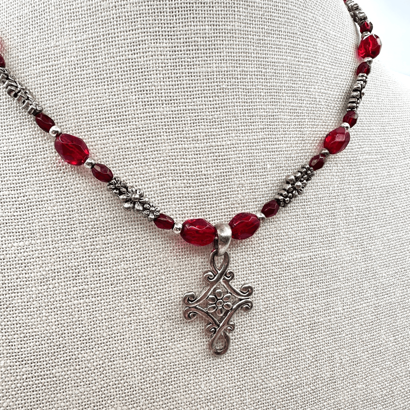 Vintage 90s Y2K Red Beaded Cross Necklace Silver Tone Gothic Floral Pendant - Thumbnail 6