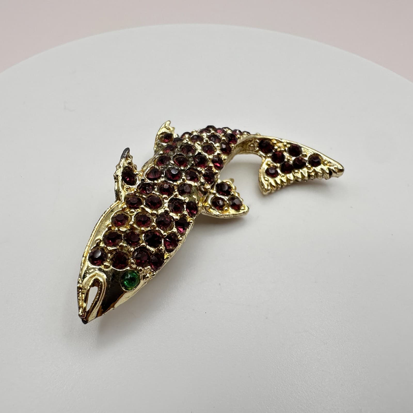 Vintage 90s Red & Green Rhinestone Fish Blink Brooch Gold Tone Jewelry - Thumbnail 5