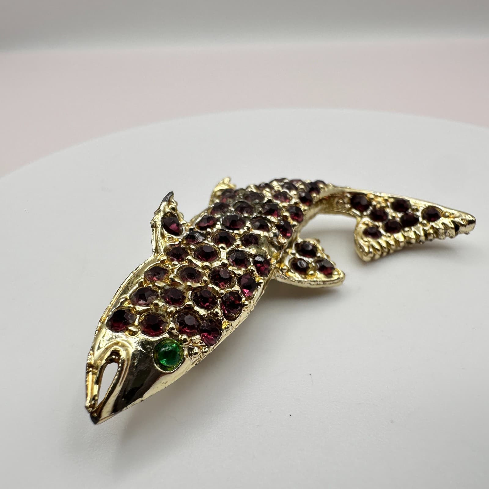 Vintage 90s Red & Green Rhinestone Fish Blink Brooch Gold Tone Jewelry - Thumbnail 4