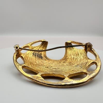 Vintage Y2K Gold Tone Textured Crescent Brooch Pin Women's Classic Jewelry - Thumbnail 6