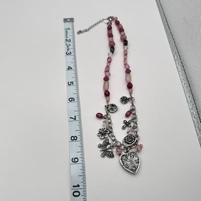 Vintage 80s Pink Purple Beads Charm Necklace Heart Butterfly Silver Tone Jewelry - Thumbnail 8