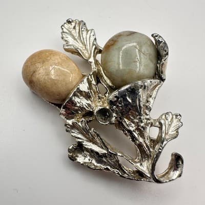 Vintage 80s Silver Tone Thistle Brooch Beige &Green Agate Stones Boho Floral Pin - Thumbnail 5