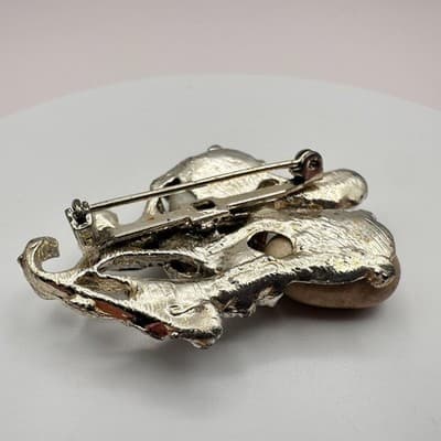 Vintage 80s Silver Tone Thistle Brooch Beige &Green Agate Stones Boho Floral Pin - Thumbnail 6