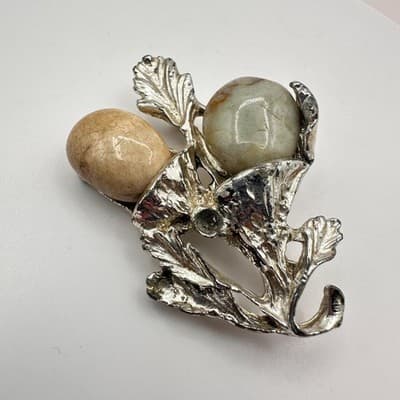Vintage 80s Silver Tone Thistle Brooch Beige &Green Agate Stones Boho Floral Pin - Thumbnail 4