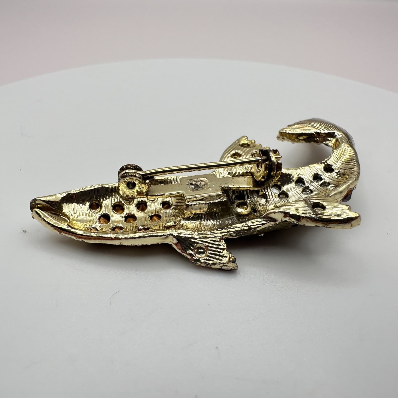 Vintage 90s Red & Green Rhinestone Fish Blink Brooch Gold Tone Jewelry - Thumbnail 6