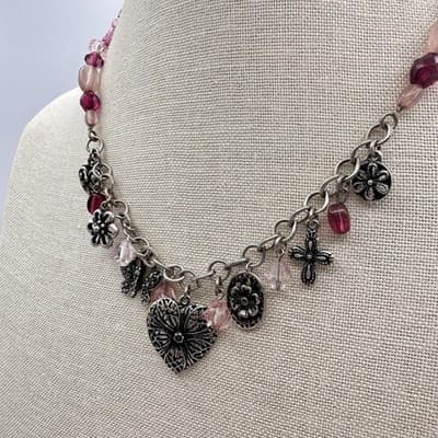 Vintage 80s Pink Purple Beads Charm Necklace Heart Butterfly Silver Tone Jewelry - Thumbnail 6