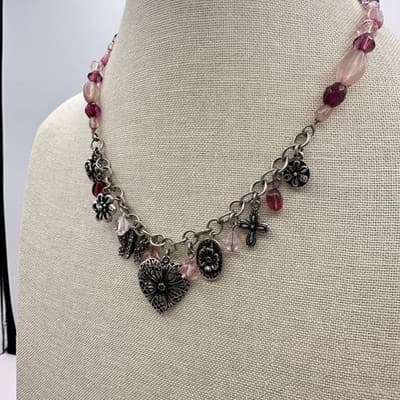 Vintage 80s Pink Purple Beads Charm Necklace Heart Butterfly Silver Tone Jewelry - Thumbnail 7