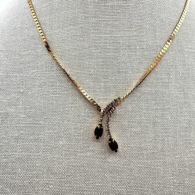 Vintage 90s Gold Tone Rhinestone Black Marquise Y Drop Lariat Necklace Jewelry - Thumbnail 2