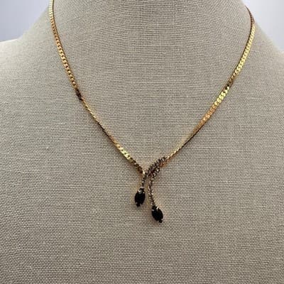 Vintage 90s Gold Tone Rhinestone Black Marquise Y Drop Lariat Necklace Jewelry - Thumbnail 3