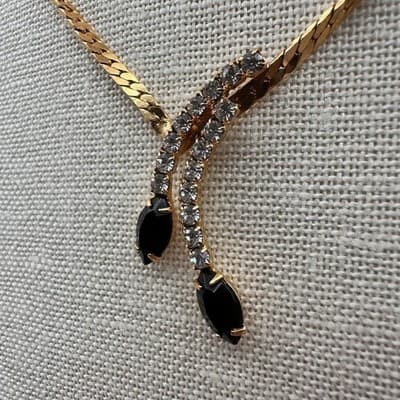 Vintage 90s Gold Tone Rhinestone Black Marquise Y Drop Lariat Necklace Jewelry - Thumbnail 4