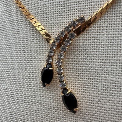 Vintage 90s Gold Tone Rhinestone Black Marquise Y Drop Lariat Necklace Jewelry - Thumbnail 5