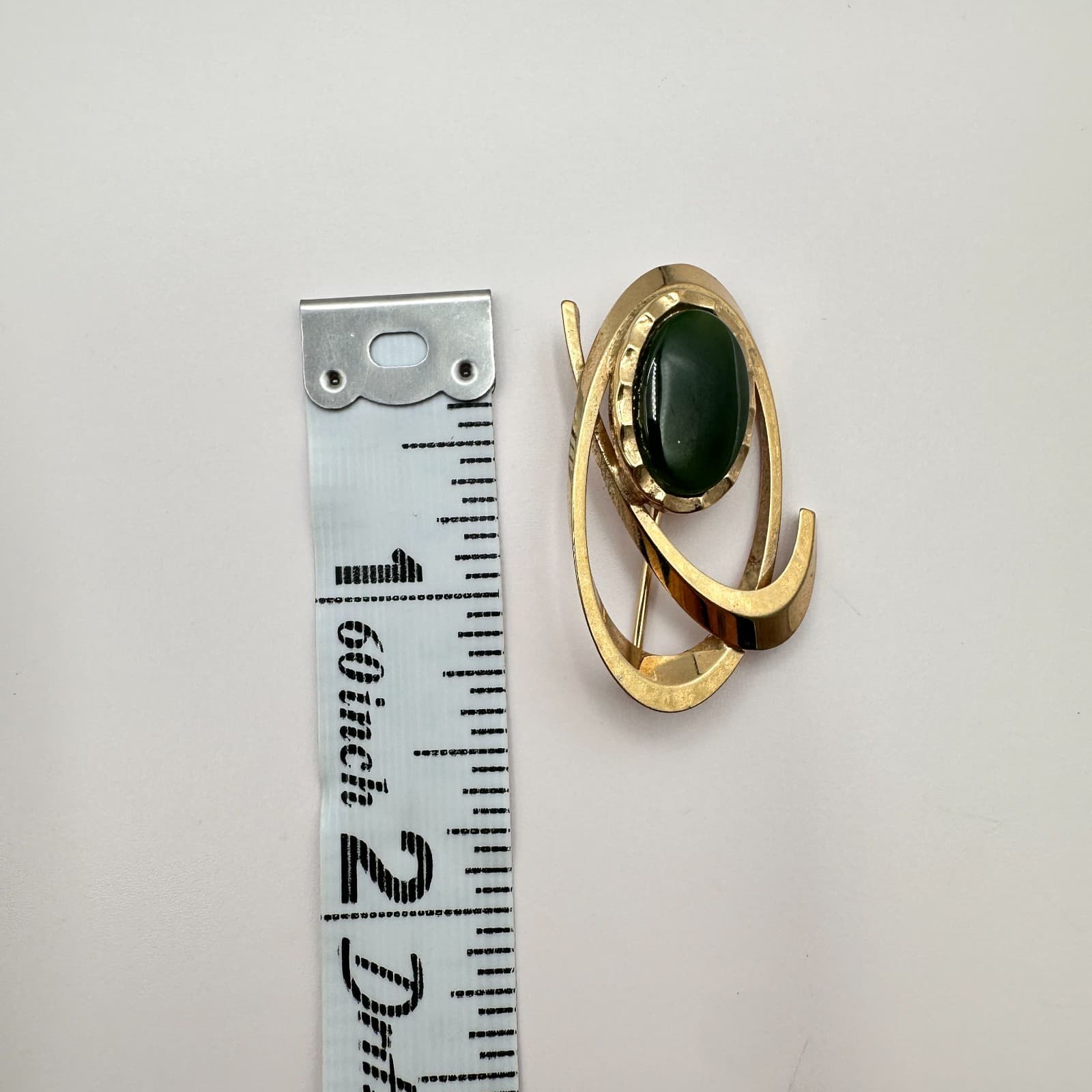 Vintage 60s Gold Tone Green Cabochon Swirl Brooch Pin Mid Century Modern Jewelry - Thumbnail 6