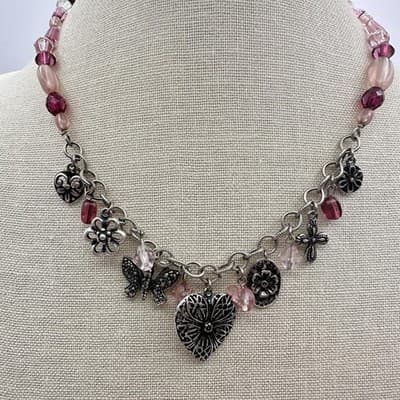 Vintage 80s Pink Purple Beads Charm Necklace Heart Butterfly Silver Tone Jewelry - Thumbnail 2