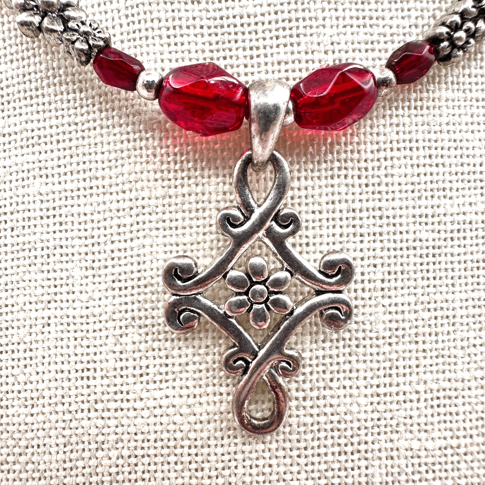 Vintage 90s Y2K Red Beaded Cross Necklace Silver Tone Gothic Floral Pendant - Thumbnail 5