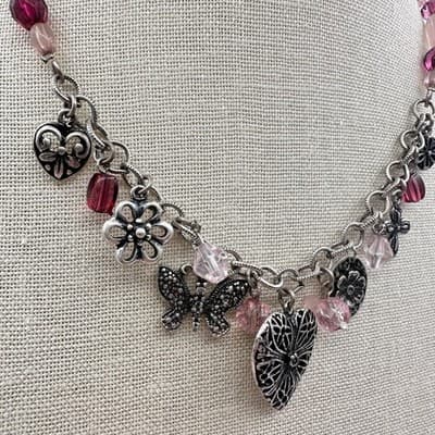 Vintage 80s Pink Purple Beads Charm Necklace Heart Butterfly Silver Tone Jewelry - Thumbnail 3