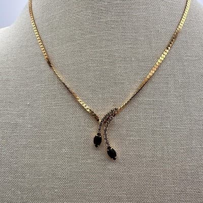 Vintage 90s Gold Tone Rhinestone Black Marquise Y Drop Lariat Necklace Jewelry - Thumbnail 7