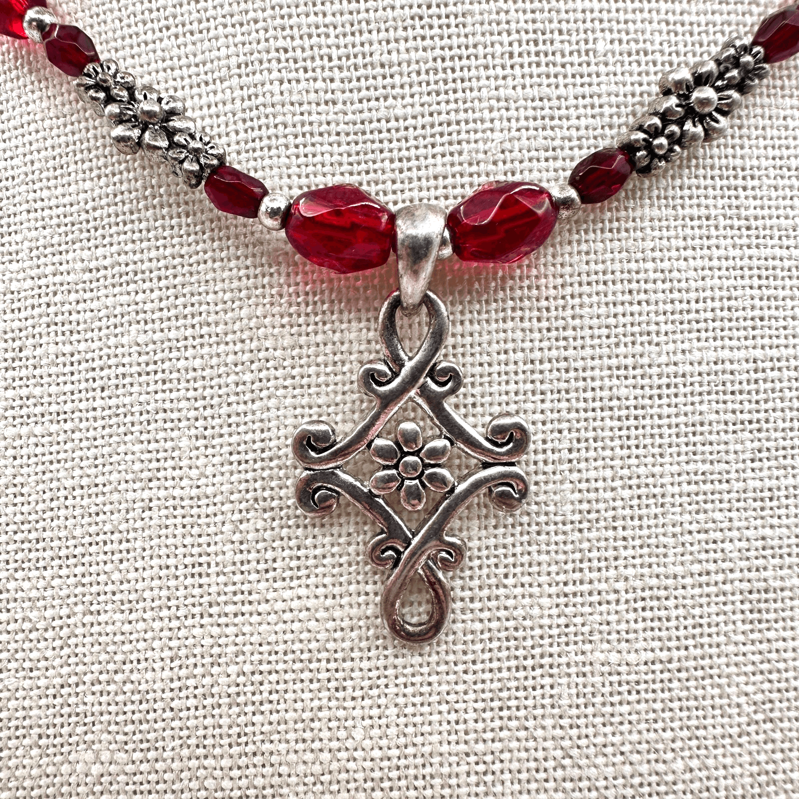 Vintage 90s Y2K Red Beaded Cross Necklace Silver Tone Gothic Floral Pendant - Thumbnail 3